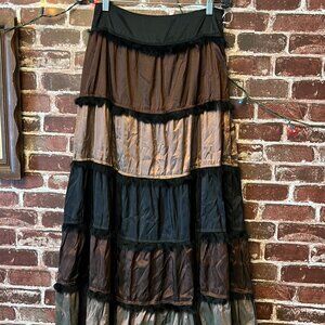 Boho Tiered Maxi Skirt with Faux Fur Trim - Bronze & Black